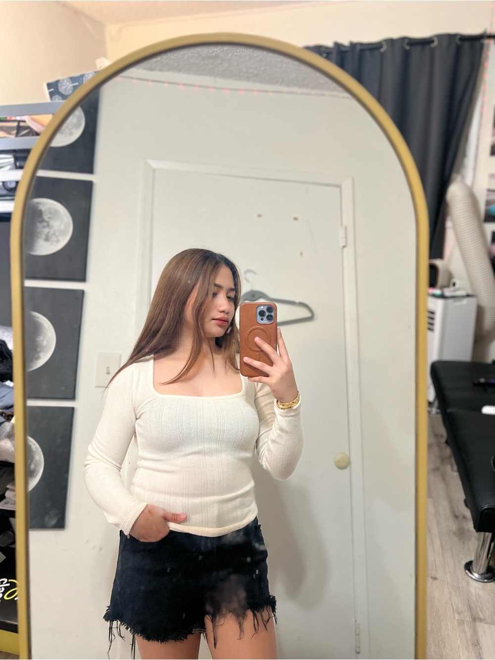 American Eagle Outfitters Cream Ribbed Long Sleeve Square Neck Top